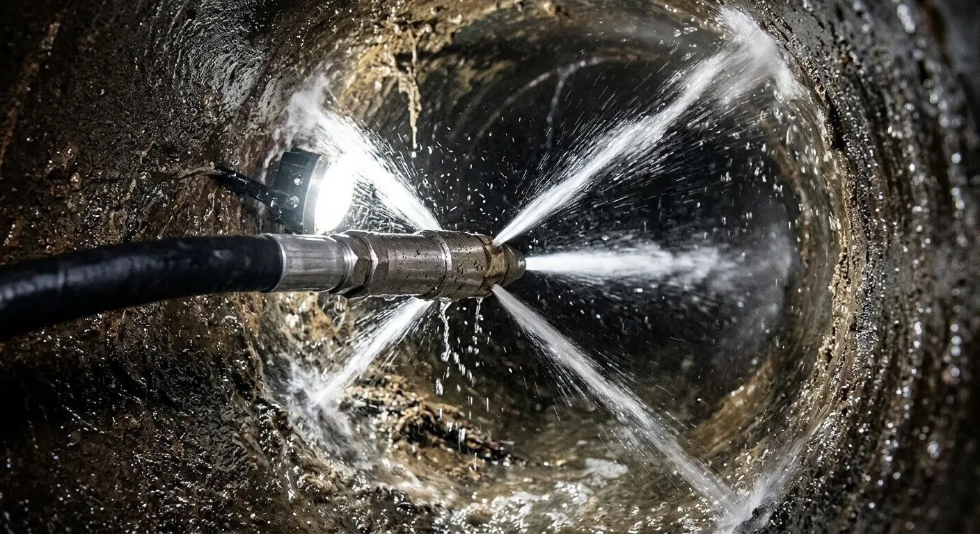 High-pressure hydro jetting nozzle cleaning sewer pipe for Sewer Line Relining in Barrington