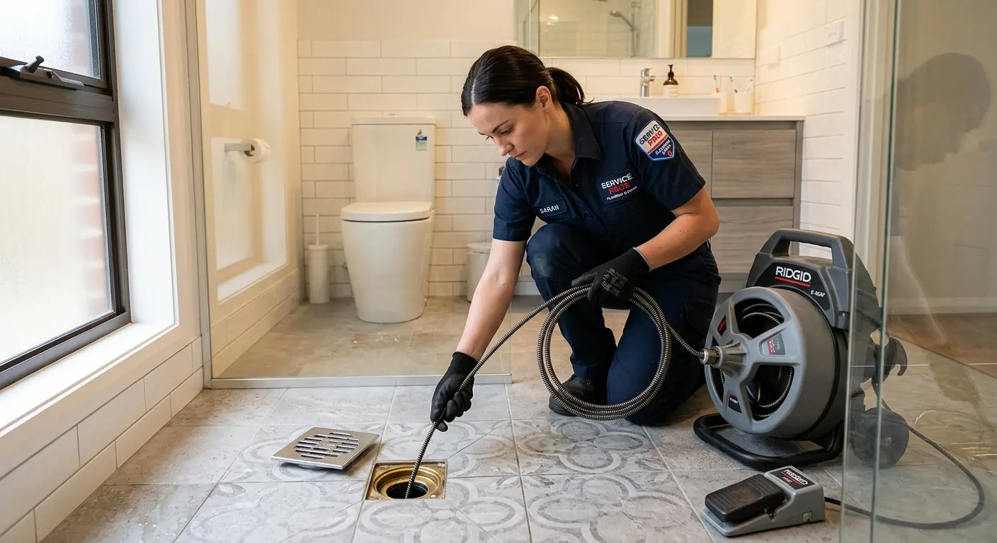 Technician clearing a bathroom floor drain for Hydro Jetting in Barrington